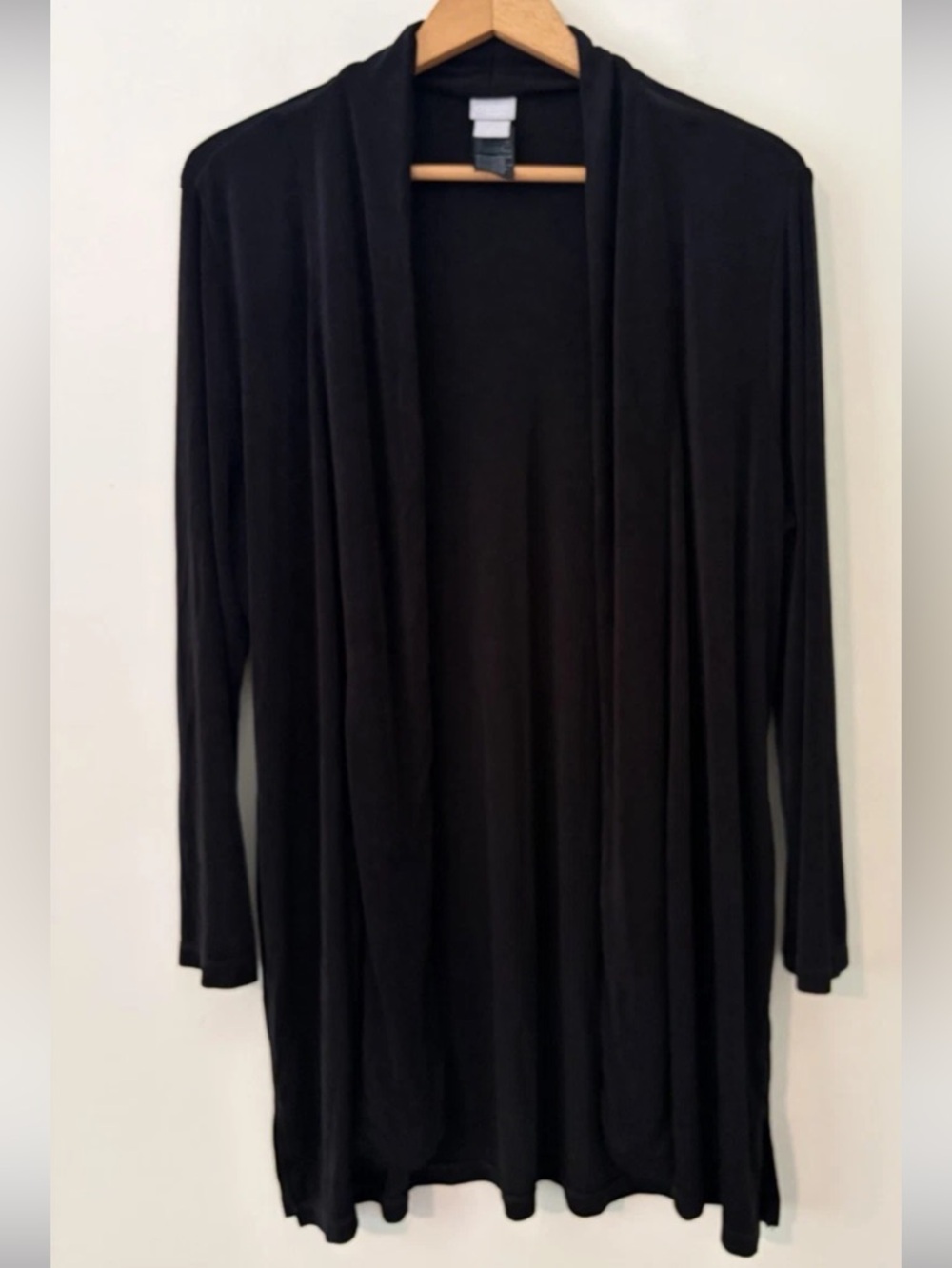 Chico’s Travelers Slinky Stretch Knit Draped Open Front Cardigan Black